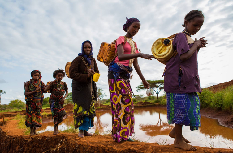 Mothers carrying water in African rural areas